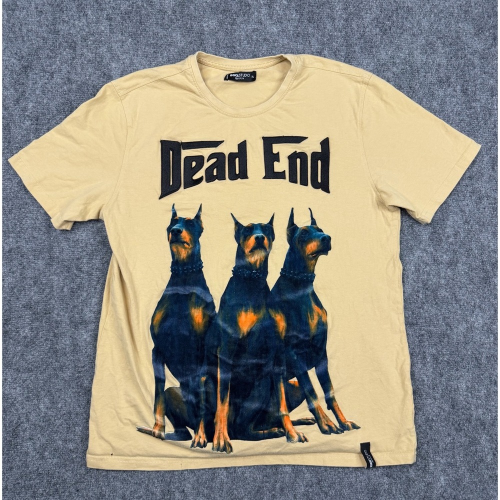 Roku Studio Dead End Doberman Graphic T-Shirt Mens XL Tan Streetwear Dog Tee